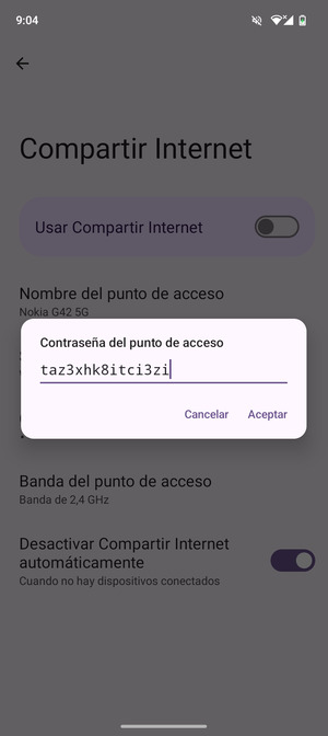 Introduzca una contraseña de punto de acceso Wi-Fi de al menos 8 caracteres y seleccione Aceptar