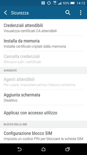 Per cambiare il PIN della scheda SIM, torna al menu Sicurezza, scorri fino a Configurazione blocco SIM e seleziona questa opzione