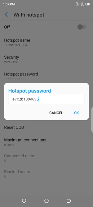 Enter a Wi-Fi hotspot password of at least 8 characters and select OK
