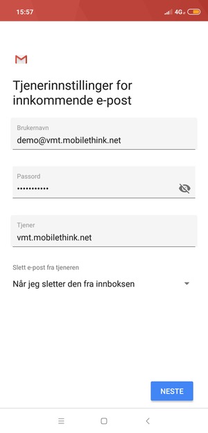 Skriv inn Brukernavn og innkommende serveradresse. Velg NESTE