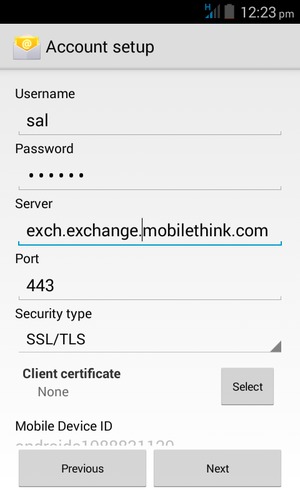 Enter Username and Exchange server address. Select Next