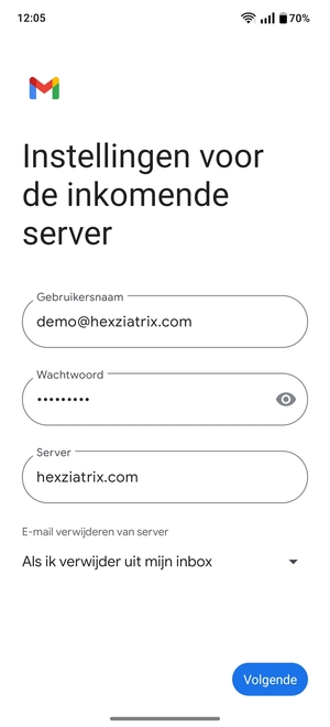 Voer Gebruikersnaam en binnenkomend serveradres in. Selecteer Volgende