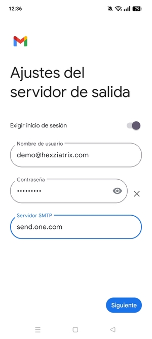 Introduzca la dirección de servidor saliente y seleccione Siguiente