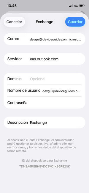 Introduzca su Información de correo electrónico Exchange y seleccione Guardar
