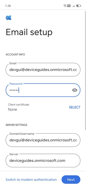 Enter Username and Exchange server address. Select Next