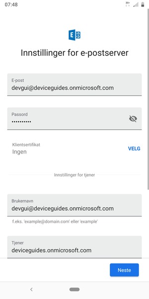 Skriv inn Brukernavn og Exchange serveradresse. Velg Neste