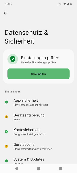 Um Ihre Bildschirmsperre zu aktivieren, gehen Sie zum Sicherheit & Datenschutz Menü und wählen Sie  Geräteentsperrung