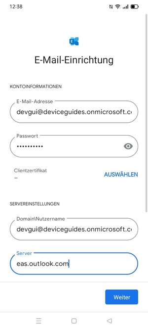 Geben Sie Benutzername und Exchange Server-Adresse ein. Wählen Sie Weiter
