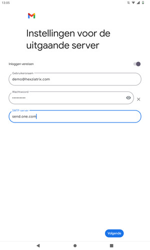 Voer Uitgaand serveradres in en selecteer Volgende