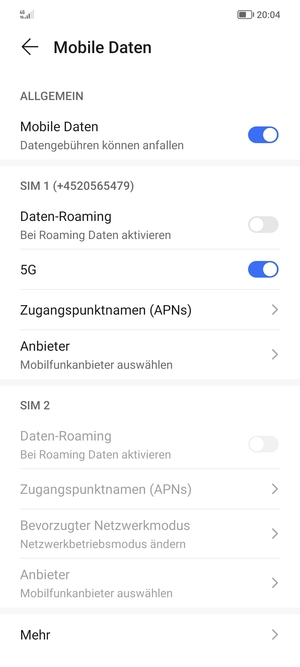 Scrollen Sie zu SIM 1 oder SIM 2 und wählen Sie Zugangspunktnamen (APNs)