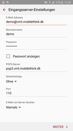 Geben Sie Benutzername und die Server-Adresse für eingehende Post ein. Wählen Sie WEITER