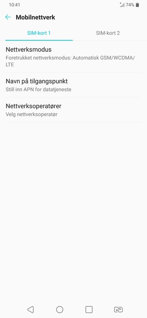 Velg SIM-kort 1 eller SIM-kort 2 og velg Navn på tilgangspunkt