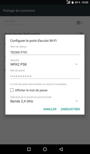 Saisissez un mot de passe de hotspot Wi-Fi d'au moins 8 caractères et sélectionnez ENREGISTRER