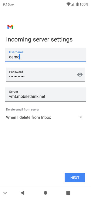 Enter Username and Incoming server address. Select NEXT