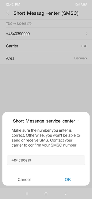 Enter the Short Message service center (SMSC) number and select OK