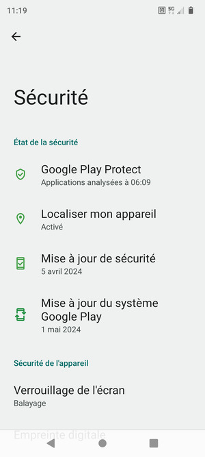 Pour activer votre écran de verrouillage, allez dans le menu Sécurité et sélectionnez Verrouillage de l'écran