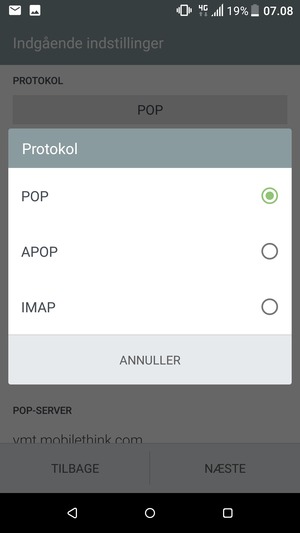 Vælg POP eller IMAP