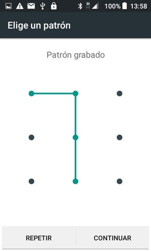 Dibuje de nuevo el patrón de desbloqueo y seleccione CONTINUAR