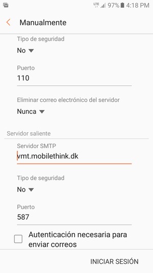 Desmarque la casilla de verificación Autenticación necesaria para enviar correos y selecione INICIAR SESIÓN