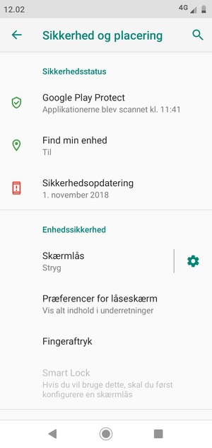 For at aktivere din skærmlås, gå til menuen Sikkerhed og placering og vælg Skærmlås