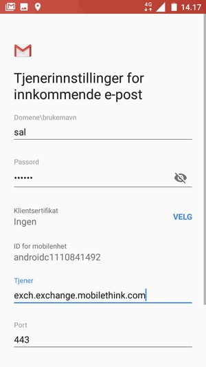 Skriv inn Brukernavn og Exchange serveradresse