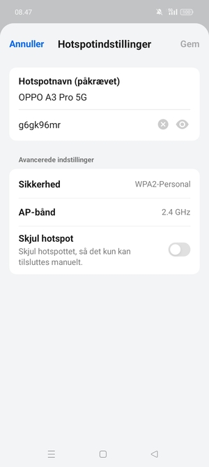 Indtast en Wi-Fi-hotspot adgangskode på minimum 8 tegn og vælg Gem