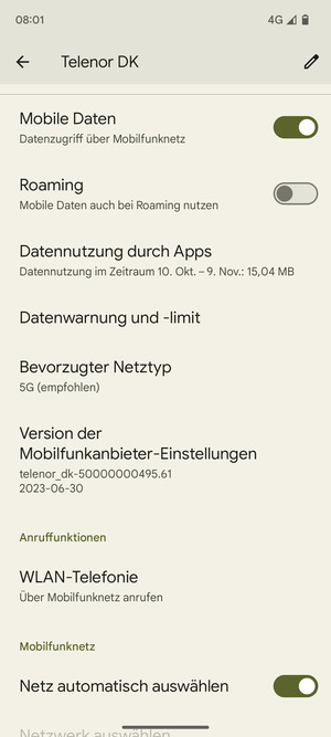 Scrollen Sie und wählen Sie Bevorzugter Netztyp