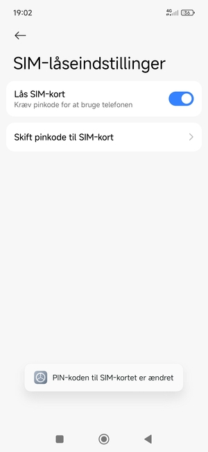 Din PIN-kode til SIM-kort er nu ændret