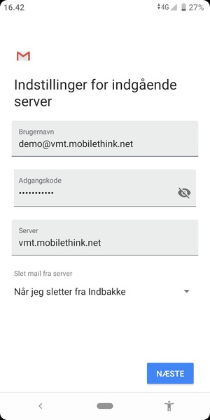 Indtast Brugernavn og indgående serveradresse. Vælg NÆSTE
