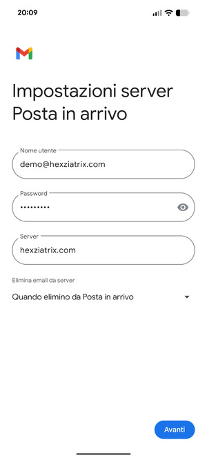 Inserisci Nome utente e l'indirizzo del server di posta in arrivo. Seleziona Avanti