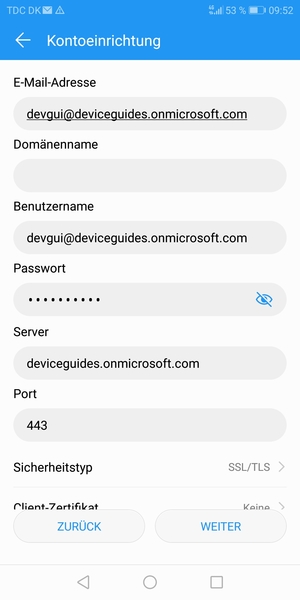 Geben Sie die Exchange-Server-Adresse ein und wählen Sie WEITER