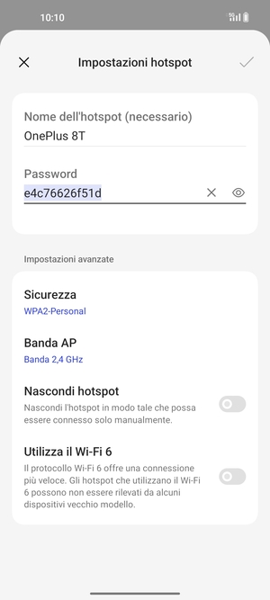 Inserisci una password dell'hotspot Wi-Fi di almeno 8 caratteri e seleziona OK