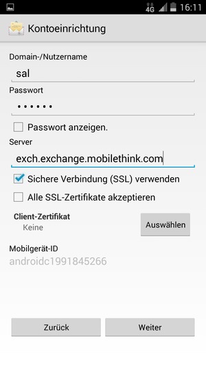Geben Sie Benutzername und Exchange Server-Adresse ein. Wählen Sie Weiter