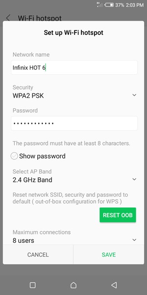 Enter a Wi-Fi hotspot password of at least 8 characters and select SAVE