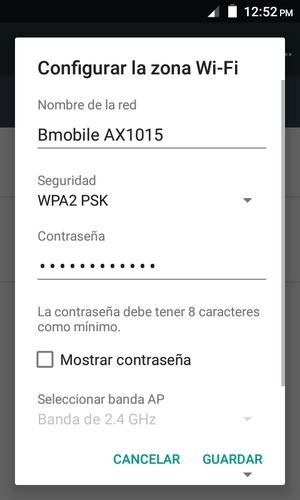 Introduzca una contraseña de punto de acceso Wi-Fi de al menos 8 caracteres y seleccione GUARDAR