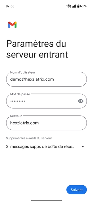 Saisissez votre Nom d'utilisateur et l'adresse du serveur entrant. Sélectionnez Suivant