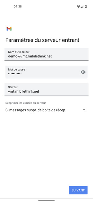 Saisissez votre Nom d'utilisateur et l'adresse du serveur entrant. Sélectionnez SUIVANT
