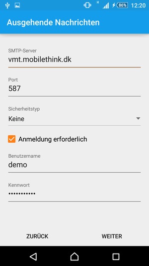 Geben Sie die Server-Adresse für ausgehende Post ein