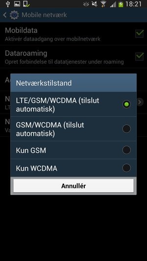 Vælg Kun GSM for at aktivere 2G