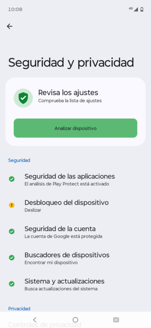 Para activar su bloqueo de pantalla, vaya al menú Seguridad y privacidad y seleccione Desbloqueo del dispositivo