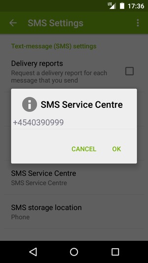 Enter the SMS Service Centre number and select OK