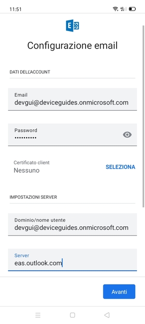 Inserisci Nome utente e l'indirizzo del server Exchange. Seleziona Avanti