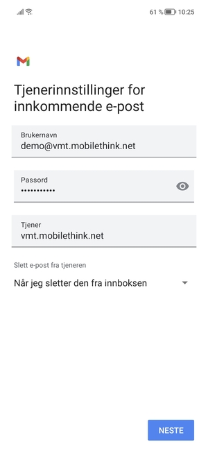 Skriv inn Brukernavn og innkommende serveradresse. Velg NESTE