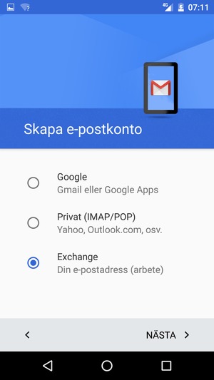 Välj Exchange och välj NÄSTA
