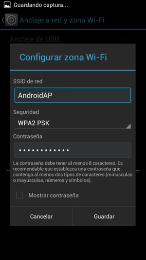 Introduzca una contraseña de punto de acceso Wi-Fi de al menos 8 caracteres y seleccione Guardar