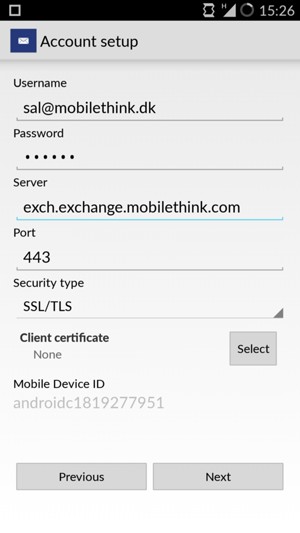 Enter Username and Exchange server address. Select Next