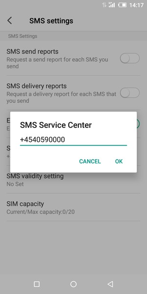 Enter the SMS Service Center number and select OK