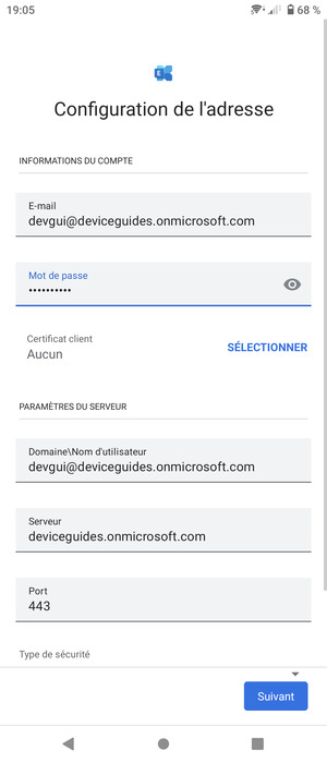 Saisissez votre Nom d'utilisateur et l'adresse du serveur Exchange. Sélectionnez Suivant