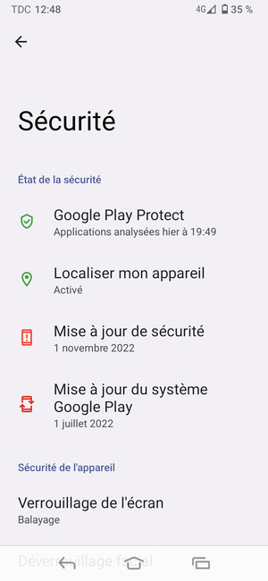 Pour activer votre écran de verrouillage, allez dans le menu Sécurité et sélectionnez Verrouillage de l'ecran