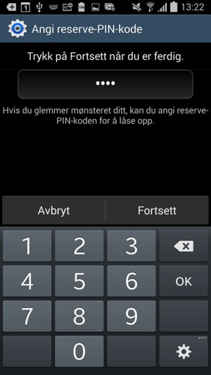 Skriv inn en sikkerhetskopi-PIN-kode og velg Fortsett